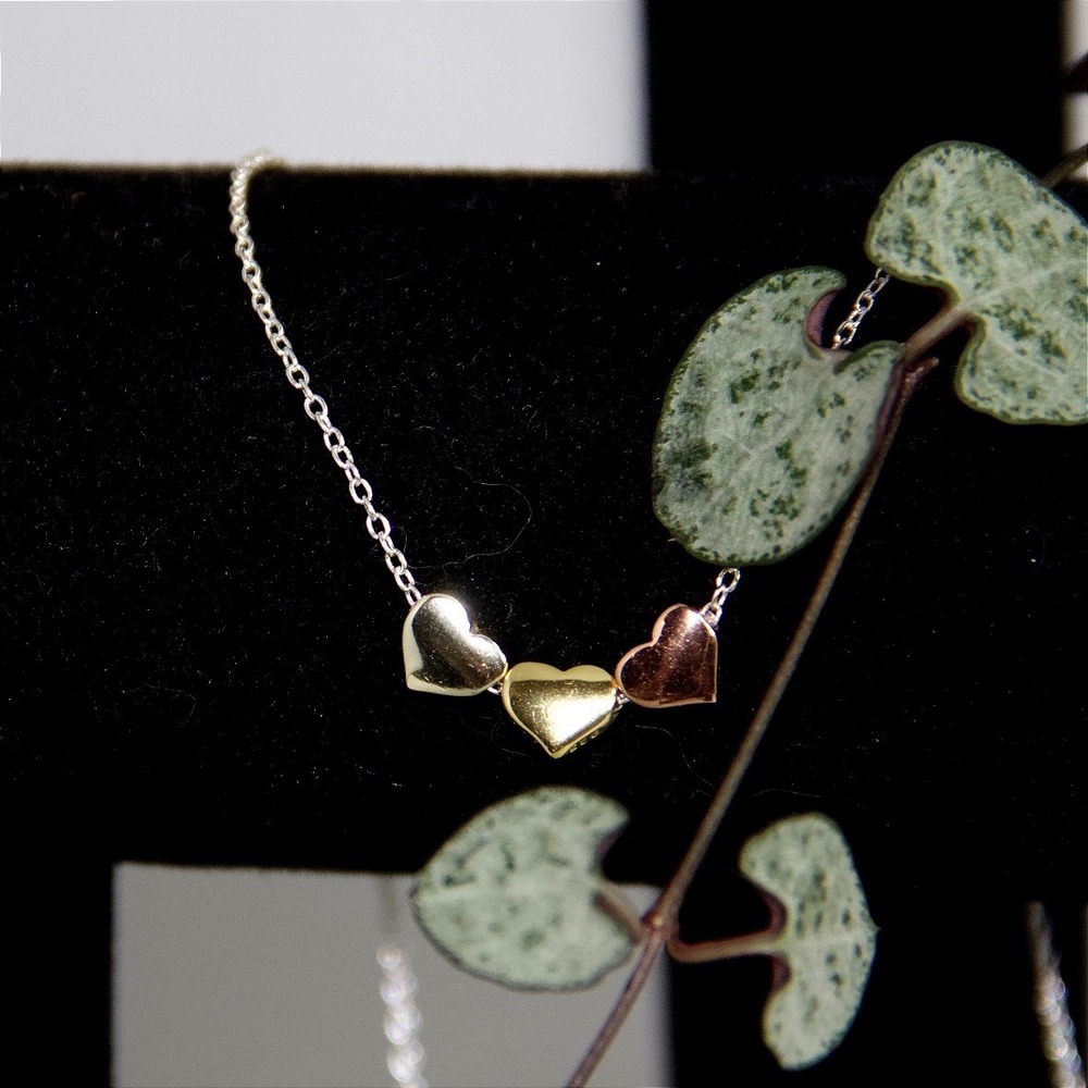 Sterling Silver Tri-Color Triple Heart Pendant Necklace 925 CN 18 Inch Chain